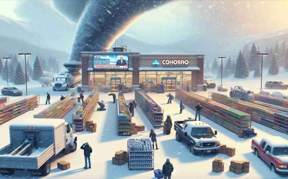 Create a realistic, high-definition image that portrays the scenario of a snowstorm alert in Colorado. The scene shall emphasize the preparations and reactions of the public as they brace for meteorological chaos. Perhaps show flurries beginning to descend on empty grocery store shelves, or citizens stocking up on necessary supplies. Broadcast news reporting on the upcoming storm could be depicted on televisions in the background. Plows and salt trucks might also be visible, gearing up for the heavy snowfall. Overall, the essence of anticipation and preparation for a major weather event should be clearly captured.