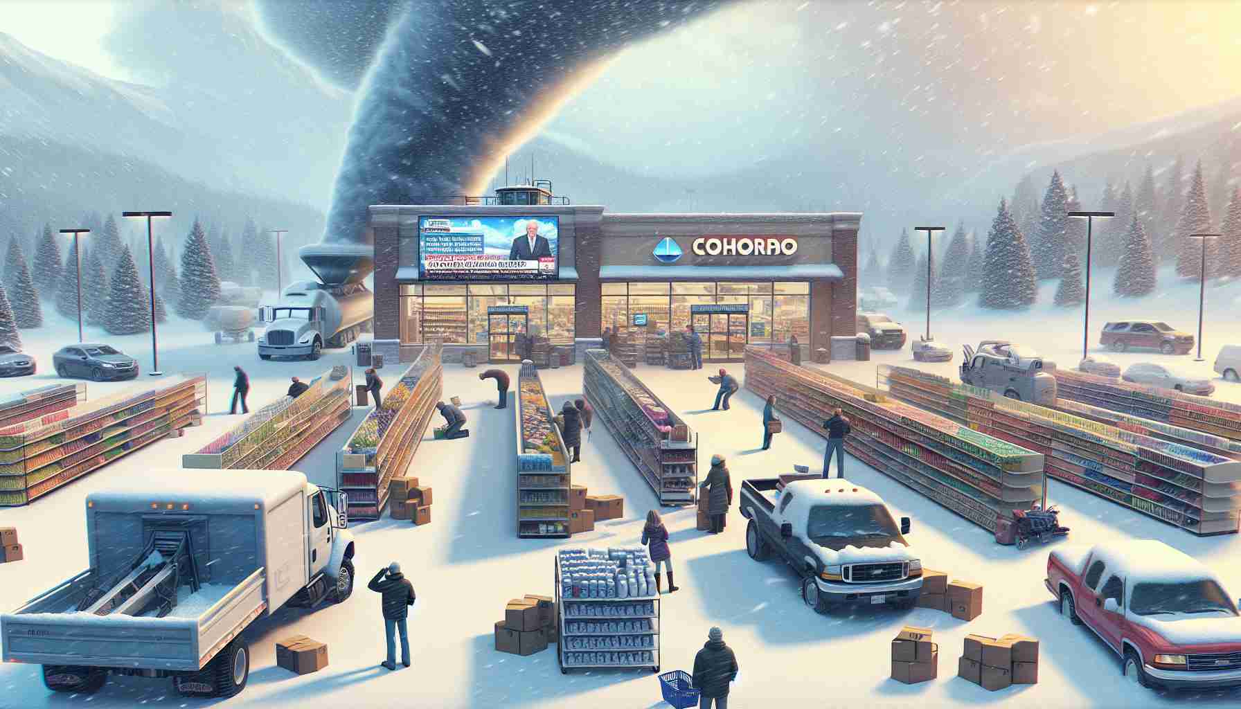 Create a realistic, high-definition image that portrays the scenario of a snowstorm alert in Colorado. The scene shall emphasize the preparations and reactions of the public as they brace for meteorological chaos. Perhaps show flurries beginning to descend on empty grocery store shelves, or citizens stocking up on necessary supplies. Broadcast news reporting on the upcoming storm could be depicted on televisions in the background. Plows and salt trucks might also be visible, gearing up for the heavy snowfall. Overall, the essence of anticipation and preparation for a major weather event should be clearly captured.