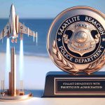 A high-definition, realistic rendering of a symbolic and metaphorical image denoting the achievement of Satellite Beach Police Department hitting new heights with prestigious accreditation. Consider visual elements such as a physical representation of the department's badge soaring high into the sky or a figurative ladder reaching into the skies to signify 'new heights'. A plaque or certificate can be seen to represent 'prestigious accreditation'. The setting should be a beach scene, symbolizing Satellite Beach.