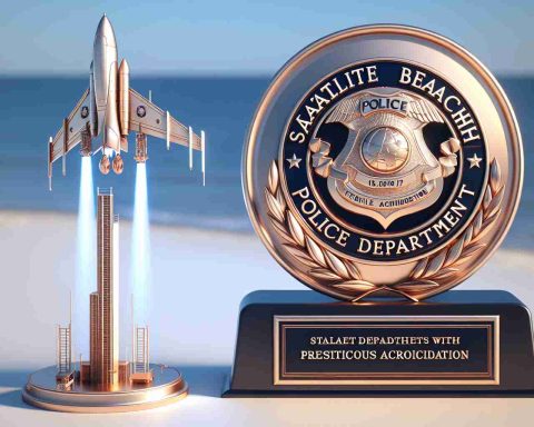 A high-definition, realistic rendering of a symbolic and metaphorical image denoting the achievement of Satellite Beach Police Department hitting new heights with prestigious accreditation. Consider visual elements such as a physical representation of the department's badge soaring high into the sky or a figurative ladder reaching into the skies to signify 'new heights'. A plaque or certificate can be seen to represent 'prestigious accreditation'. The setting should be a beach scene, symbolizing Satellite Beach.