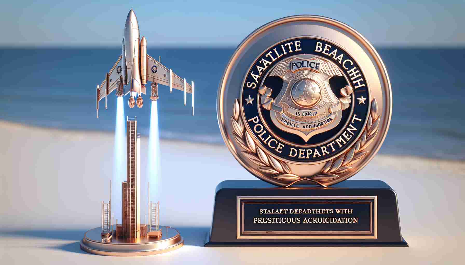 A high-definition, realistic rendering of a symbolic and metaphorical image denoting the achievement of Satellite Beach Police Department hitting new heights with prestigious accreditation. Consider visual elements such as a physical representation of the department's badge soaring high into the sky or a figurative ladder reaching into the skies to signify 'new heights'. A plaque or certificate can be seen to represent 'prestigious accreditation'. The setting should be a beach scene, symbolizing Satellite Beach.