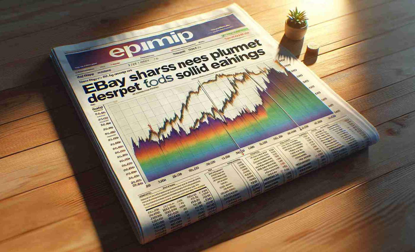 Realistic, high-definition image of a financial newspaper headline, which reads 'eBay Shares Plummet Despite Solid Earnings', accompanied by a graph showing a strong downward trend in share prices. The graph is detailed and colorful, showing the high, low and close share prices of eBay with timestamps and labels. The newspaper is spread on a wooden table, and a warm morning sunlight shines on it from one side, casting a soft golden glow and some shadows on the table and the newspaper.