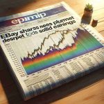 Realistic, high-definition image of a financial newspaper headline, which reads 'eBay Shares Plummet Despite Solid Earnings', accompanied by a graph showing a strong downward trend in share prices. The graph is detailed and colorful, showing the high, low and close share prices of eBay with timestamps and labels. The newspaper is spread on a wooden table, and a warm morning sunlight shines on it from one side, casting a soft golden glow and some shadows on the table and the newspaper.