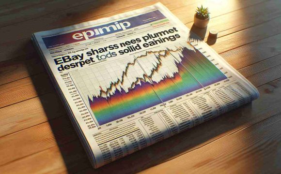 Realistic, high-definition image of a financial newspaper headline, which reads 'eBay Shares Plummet Despite Solid Earnings', accompanied by a graph showing a strong downward trend in share prices. The graph is detailed and colorful, showing the high, low and close share prices of eBay with timestamps and labels. The newspaper is spread on a wooden table, and a warm morning sunlight shines on it from one side, casting a soft golden glow and some shadows on the table and the newspaper.