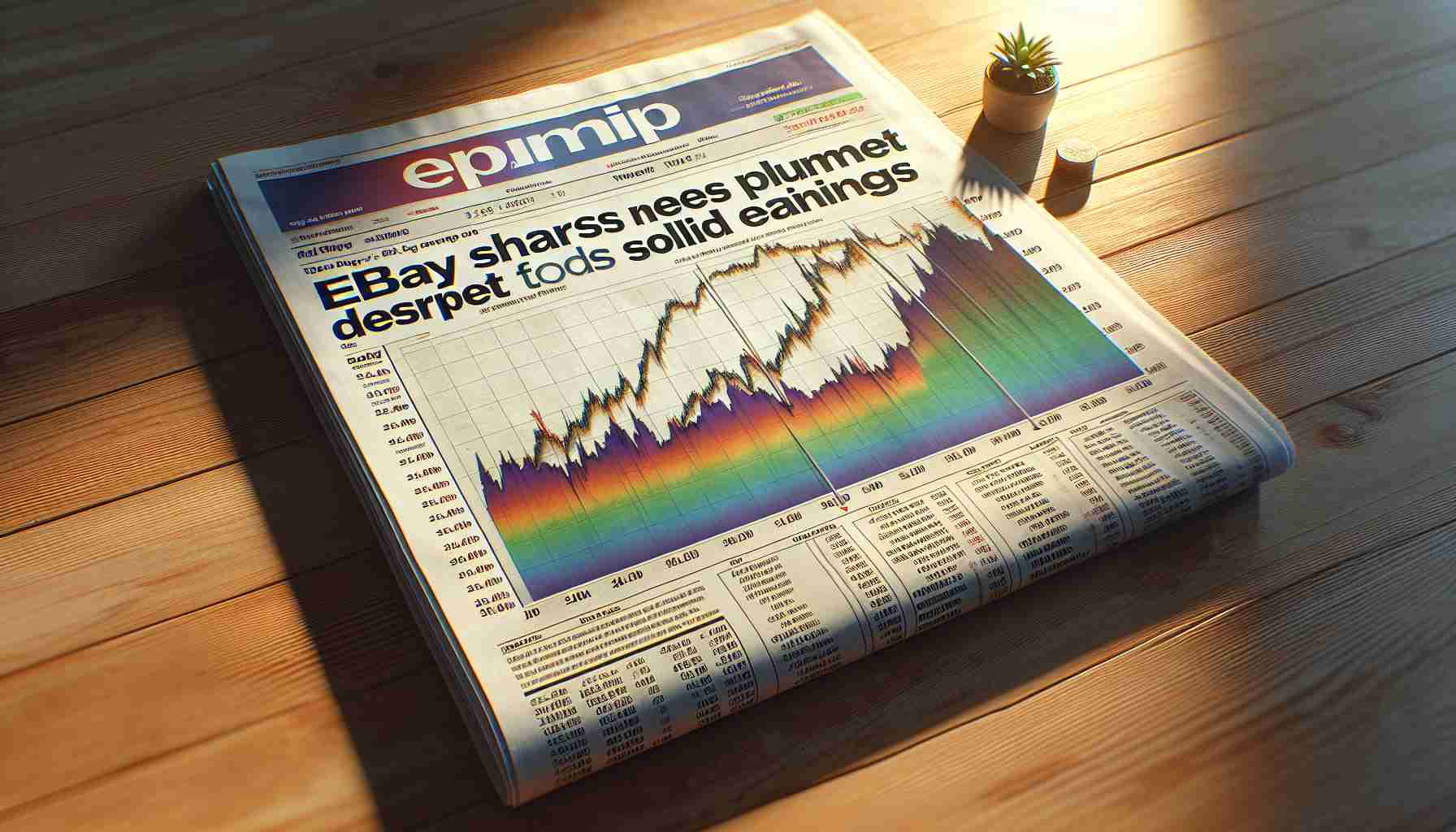 Realistic, high-definition image of a financial newspaper headline, which reads 'eBay Shares Plummet Despite Solid Earnings', accompanied by a graph showing a strong downward trend in share prices. The graph is detailed and colorful, showing the high, low and close share prices of eBay with timestamps and labels. The newspaper is spread on a wooden table, and a warm morning sunlight shines on it from one side, casting a soft golden glow and some shadows on the table and the newspaper.