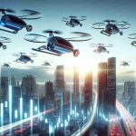 A high-definition, realistic scene depicting the concept of 'Flying Taxis' as a potentially promising investment opportunity. The focus is on one particular flying taxi soaring high in the sky amidst other similar vehicles. Visualize these taxis as futuristic, advanced technological innovations with sleek designs and silent engines. They are energetically moving through a bustling cityscape with gleaming skyscrapers. In one corner of the image, a stock market graph is subtlely integrated, sihouetted against the sky, implying the investment potential of this industry.