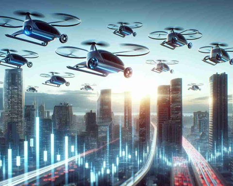 A high-definition, realistic scene depicting the concept of 'Flying Taxis' as a potentially promising investment opportunity. The focus is on one particular flying taxi soaring high in the sky amidst other similar vehicles. Visualize these taxis as futuristic, advanced technological innovations with sleek designs and silent engines. They are energetically moving through a bustling cityscape with gleaming skyscrapers. In one corner of the image, a stock market graph is subtlely integrated, sihouetted against the sky, implying the investment potential of this industry.