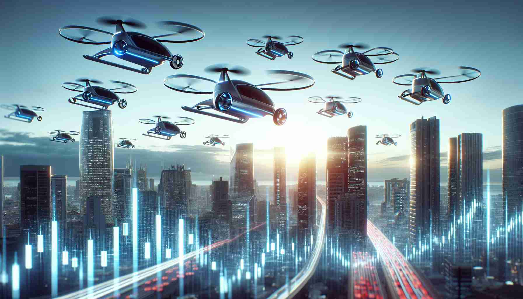 A high-definition, realistic scene depicting the concept of 'Flying Taxis' as a potentially promising investment opportunity. The focus is on one particular flying taxi soaring high in the sky amidst other similar vehicles. Visualize these taxis as futuristic, advanced technological innovations with sleek designs and silent engines. They are energetically moving through a bustling cityscape with gleaming skyscrapers. In one corner of the image, a stock market graph is subtlely integrated, sihouetted against the sky, implying the investment potential of this industry.