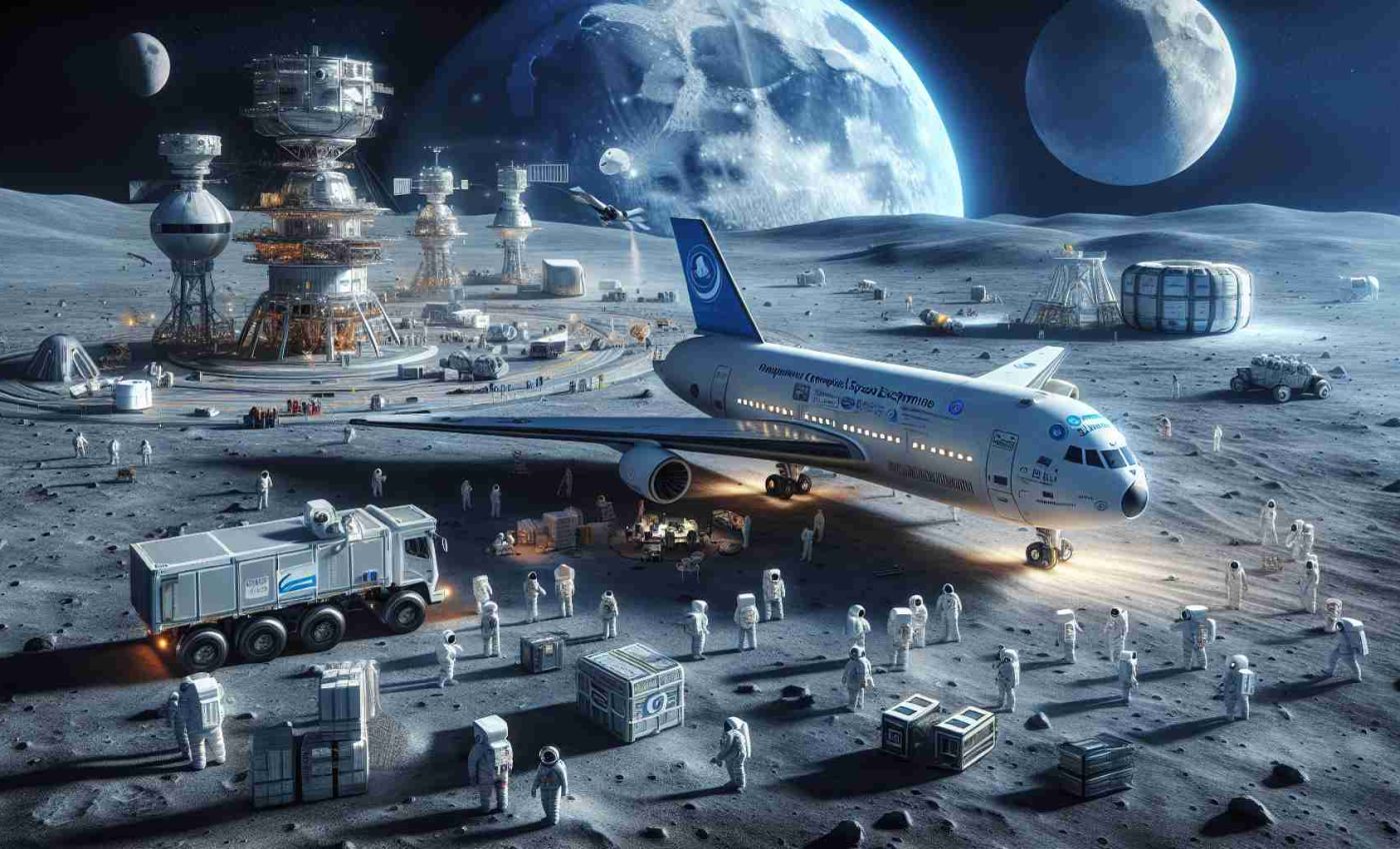 A high definition, realistic depiction of a futuristic scene where various space exploration companies are collaborating on lunar missions. A large spaceship with a prominently displayed logo of a commercial space enterprise is in the process of delivering supplies to the moon. There are astronauts from different descents such as Middle-Eastern, Caucasian, and South Asian working together on their tasks. There's also a view of the moon's surface, filled with craters and a lunar base under construction in the distance.