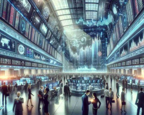 A highly detailed and realistic image of a futuristic stock exchange event - 'The Palantir Revolution'. Define it as a large bustling trading floor filled with people of all descents and genders interacting and glancing at various screens showcasing the latest in Quantum Finance. Include holographic charts, binary code sequences and people in smart business attire engrossed in their monitors. The environment should be energetic, with the hum of conversation, flickering lights, and the rapid ticking of stock prices. Ensure that the NYSE building is depicted in the background, adding to the aura of the finance and trading world.