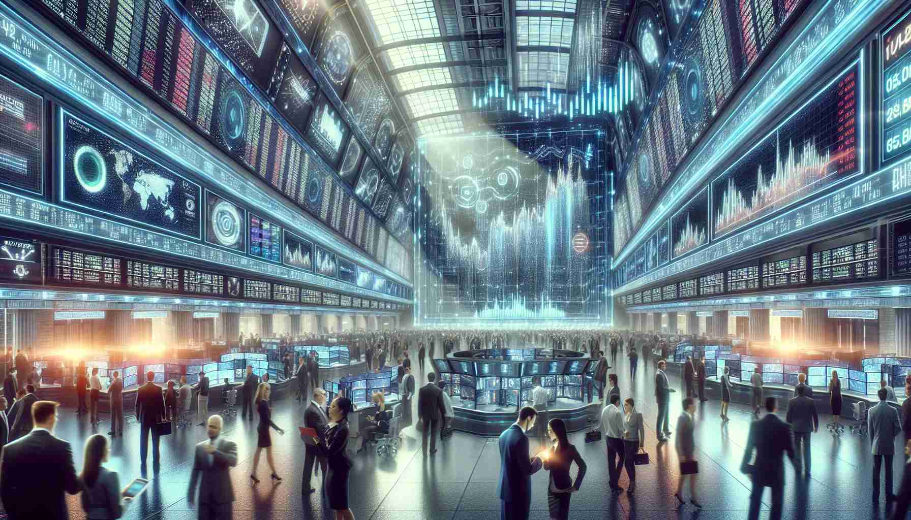 A highly detailed and realistic image of a futuristic stock exchange event - 'The Palantir Revolution'. Define it as a large bustling trading floor filled with people of all descents and genders interacting and glancing at various screens showcasing the latest in Quantum Finance. Include holographic charts, binary code sequences and people in smart business attire engrossed in their monitors. The environment should be energetic, with the hum of conversation, flickering lights, and the rapid ticking of stock prices. Ensure that the NYSE building is depicted in the background, adding to the aura of the finance and trading world.