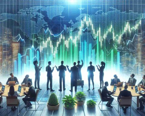 Generate a realistic high-definition image representing the concept of investors displaying heightened interest towards Viasat Stock. The scene should potentially include financial charts indicating a rising trend, individuals enthusiastically discussing the stock, and an overall positive atmosphere suggesting anticipation regarding the stock's future performance.