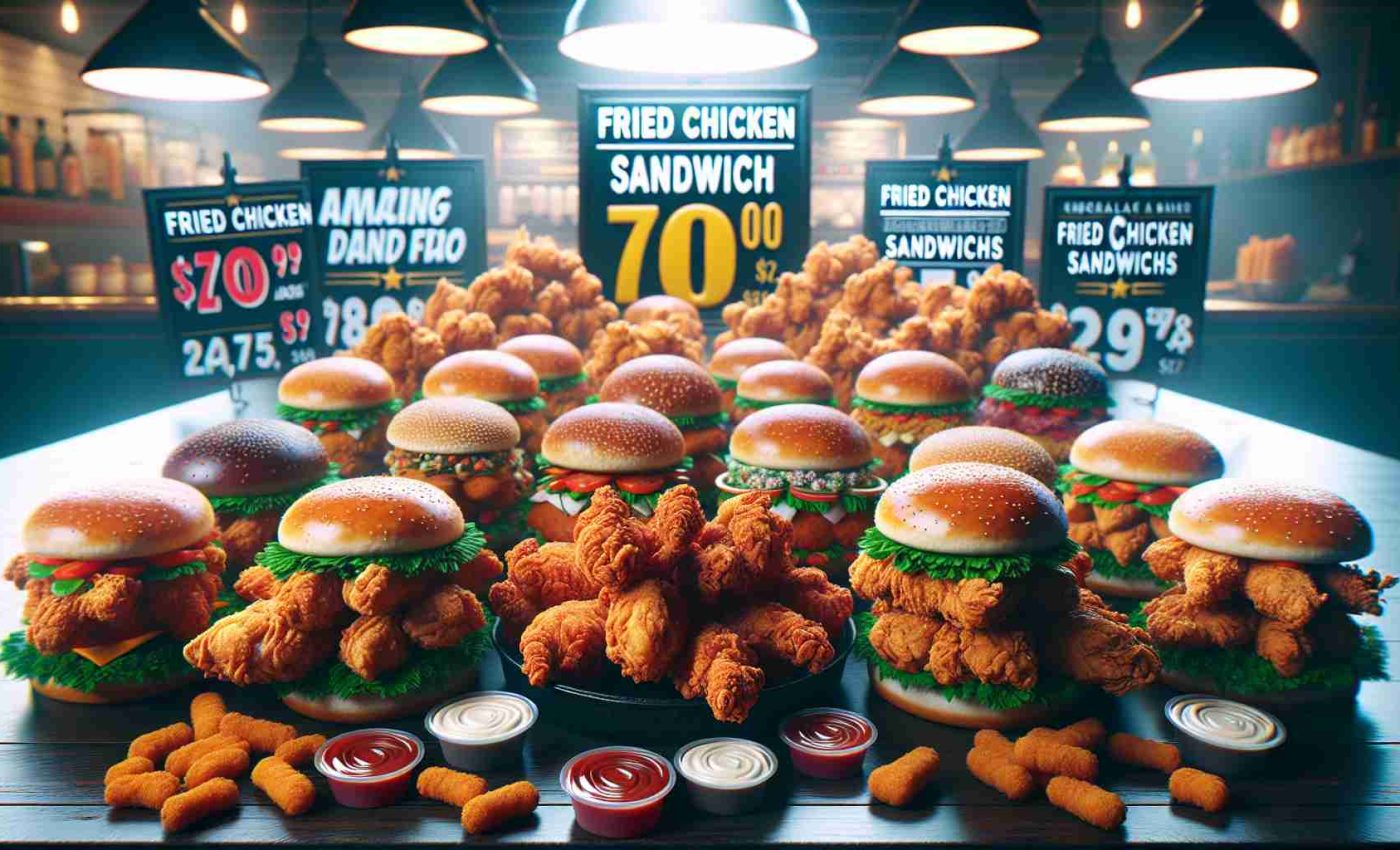 Render a hyper-realistic, high-definition image of the following scene: A feast-worthy table is laid out with various types of succulent fried chicken sandwiches, all prepared to perfection. Accompanying signs on the table highlight amazing deals and discounts for 'Fried Chicken Sandwich Day'. The sandwiches are served in an assortment of buns ranging from sesame-seed to whole grain, lovingly filled with crispy, golden-brown fried chicken, crunchy lettuce, and generous helpings of special sauces. The bright lights of the restaurant reflect off the glossy sauces, making the deals even more tantalizing.