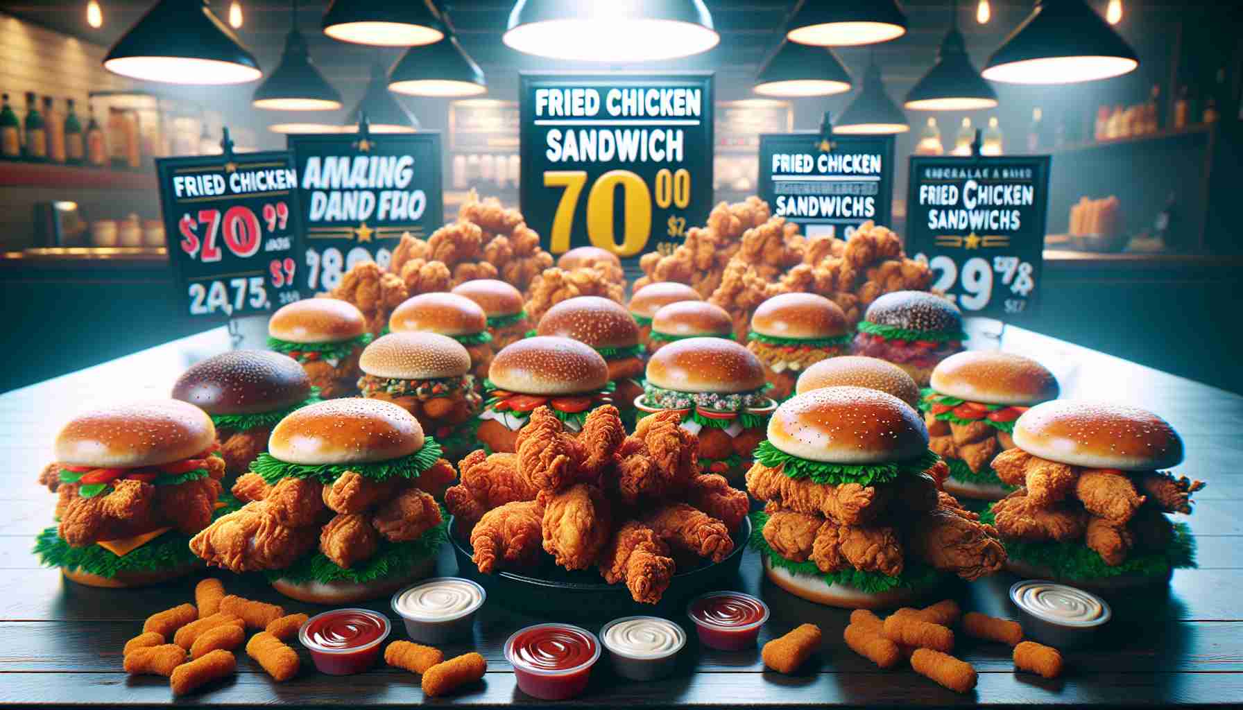 Render a hyper-realistic, high-definition image of the following scene: A feast-worthy table is laid out with various types of succulent fried chicken sandwiches, all prepared to perfection. Accompanying signs on the table highlight amazing deals and discounts for 'Fried Chicken Sandwich Day'. The sandwiches are served in an assortment of buns ranging from sesame-seed to whole grain, lovingly filled with crispy, golden-brown fried chicken, crunchy lettuce, and generous helpings of special sauces. The bright lights of the restaurant reflect off the glossy sauces, making the deals even more tantalizing.