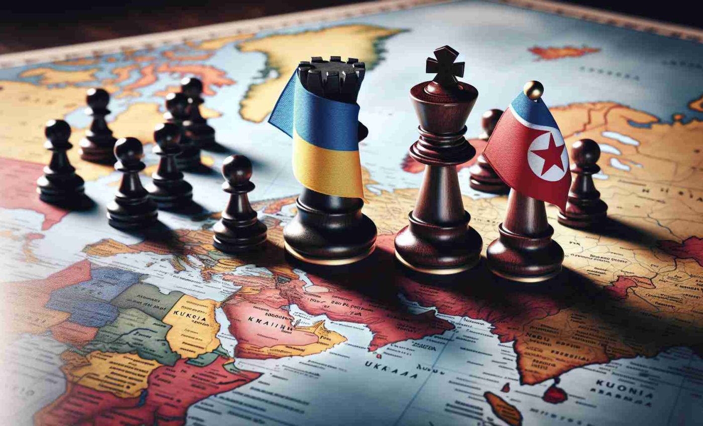 A detailed, high-definition image symbolizing escalating tensions, represented by three chess pieces on a world map. The Ukrainian flag appears prominently on one chess piece, located over Ukraine on the map. Beside it, two chess pieces symbolizing North Korea and Russia stand allied, each draped in their respective national flags. The atmosphere is intense, suggestive of an imminent conflict.