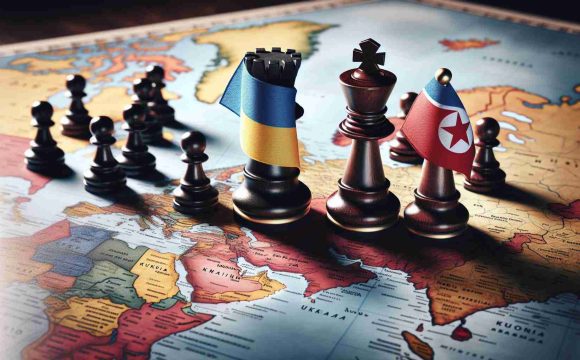 A detailed, high-definition image symbolizing escalating tensions, represented by three chess pieces on a world map. The Ukrainian flag appears prominently on one chess piece, located over Ukraine on the map. Beside it, two chess pieces symbolizing North Korea and Russia stand allied, each draped in their respective national flags. The atmosphere is intense, suggestive of an imminent conflict.