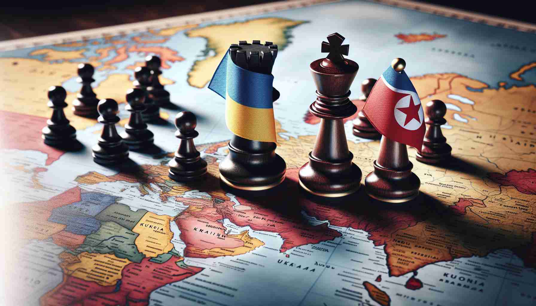 A detailed, high-definition image symbolizing escalating tensions, represented by three chess pieces on a world map. The Ukrainian flag appears prominently on one chess piece, located over Ukraine on the map. Beside it, two chess pieces symbolizing North Korea and Russia stand allied, each draped in their respective national flags. The atmosphere is intense, suggestive of an imminent conflict.