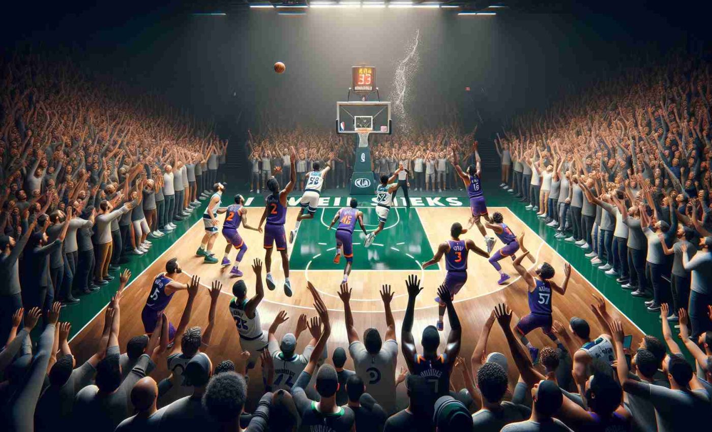 A high-definition, realistic image of a dramatic basketball game. The Timberwolves, in their green and white uniforms, execute a stunning comeback against the Suns, who are in their purple and orange gear. The crowd is overflowing with excitement and surprise as the last-second heroic shot is in the air, capturing the suspense and thrill of the moment.