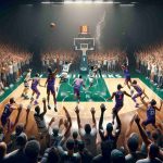 A high-definition, realistic image of a dramatic basketball game. The Timberwolves, in their green and white uniforms, execute a stunning comeback against the Suns, who are in their purple and orange gear. The crowd is overflowing with excitement and surprise as the last-second heroic shot is in the air, capturing the suspense and thrill of the moment.