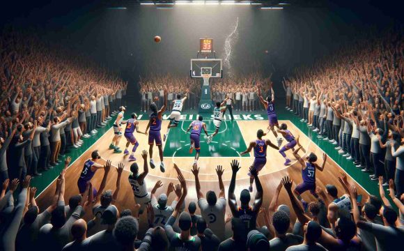 A high-definition, realistic image of a dramatic basketball game. The Timberwolves, in their green and white uniforms, execute a stunning comeback against the Suns, who are in their purple and orange gear. The crowd is overflowing with excitement and surprise as the last-second heroic shot is in the air, capturing the suspense and thrill of the moment.