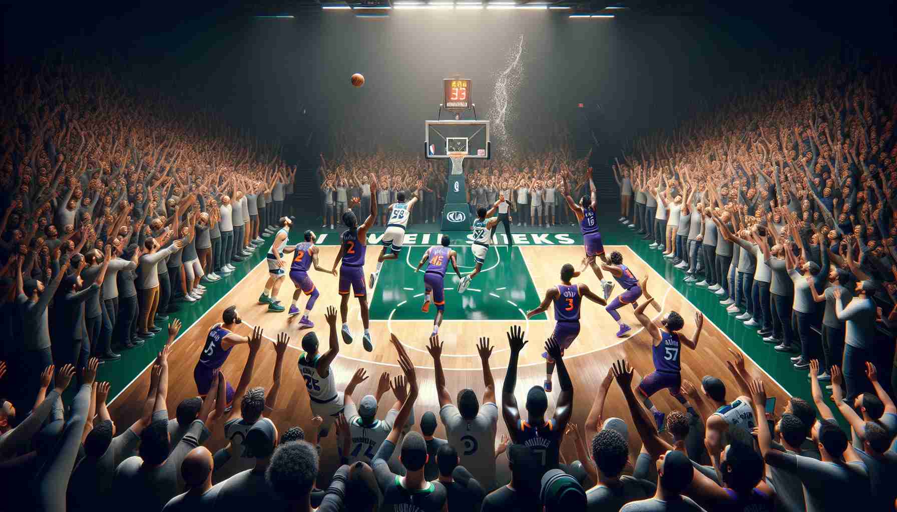 A high-definition, realistic image of a dramatic basketball game. The Timberwolves, in their green and white uniforms, execute a stunning comeback against the Suns, who are in their purple and orange gear. The crowd is overflowing with excitement and surprise as the last-second heroic shot is in the air, capturing the suspense and thrill of the moment.