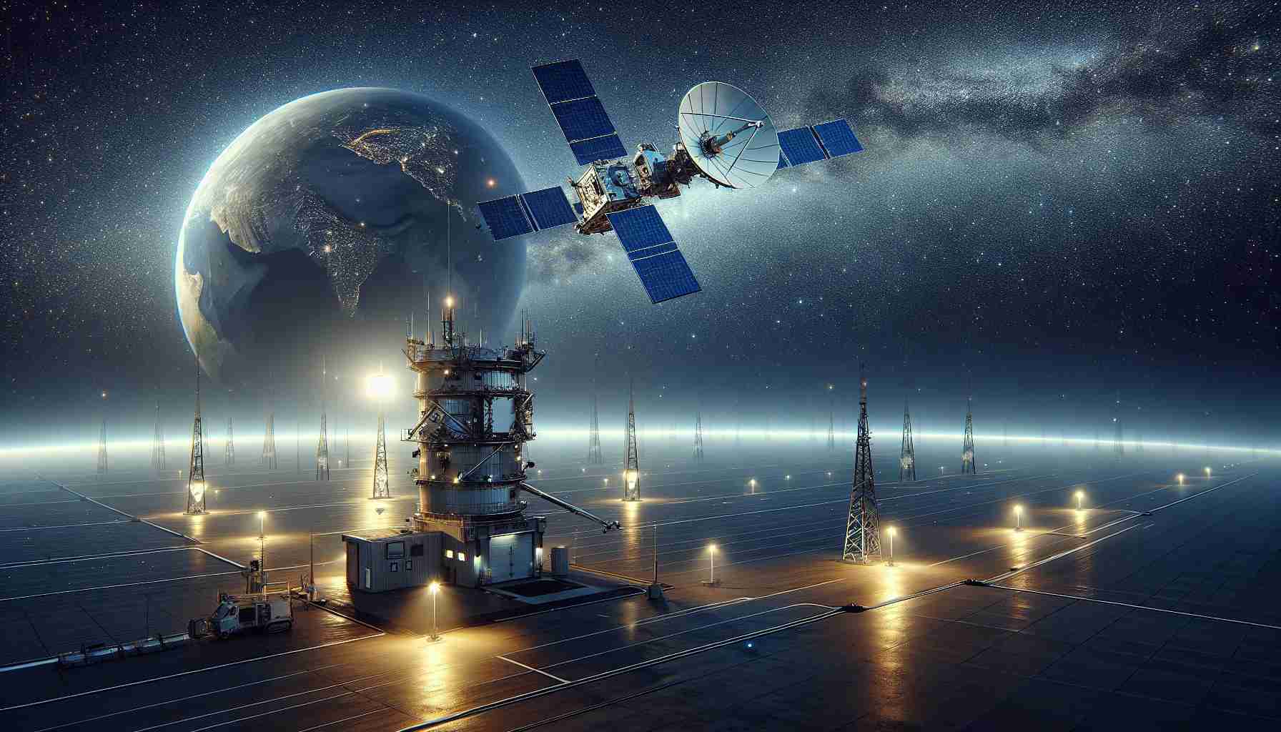 A high-definition, realistic image showcasing a revolutionary test of satellite messaging serving as a stepping stone for worldwide connectivity. The depiction includes a ground station with its advanced radar systems and antennas pointed skyward, receiving cryptic messages from an advanced satellite that orbits against the backdrop of vast, starlit space. The satellite in the scene should look sleek and modern, shimmering in the sunlight that barely reaches it. Away in the distance, Earth is visible with all its majesty, symbolizing the global connectivity that is aimed to be achieved.