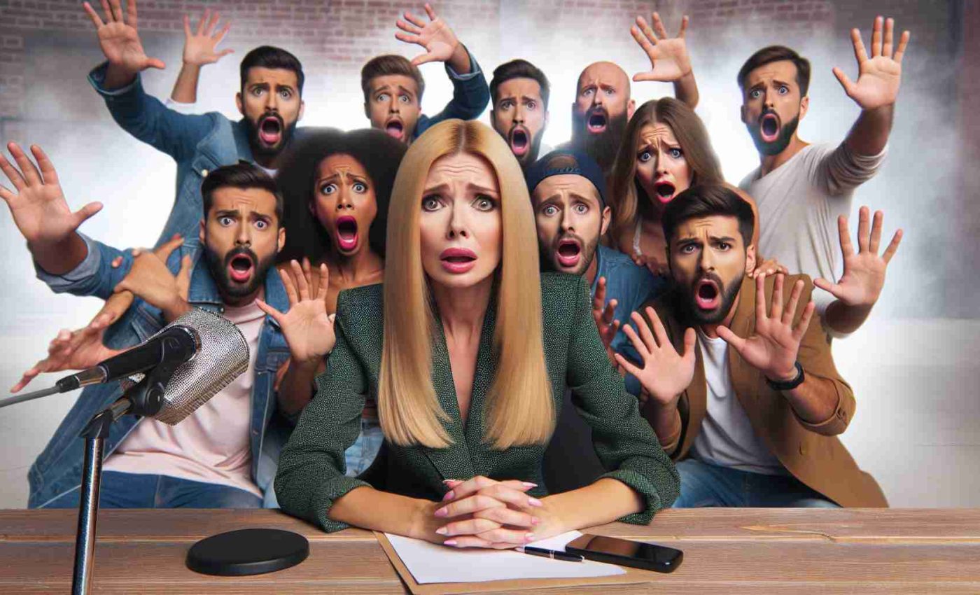 Realistic HD photo of an anxious group of TV show fans expressing their concern about the potential departure of a loved female judge from the panel of a popular dance competition show.