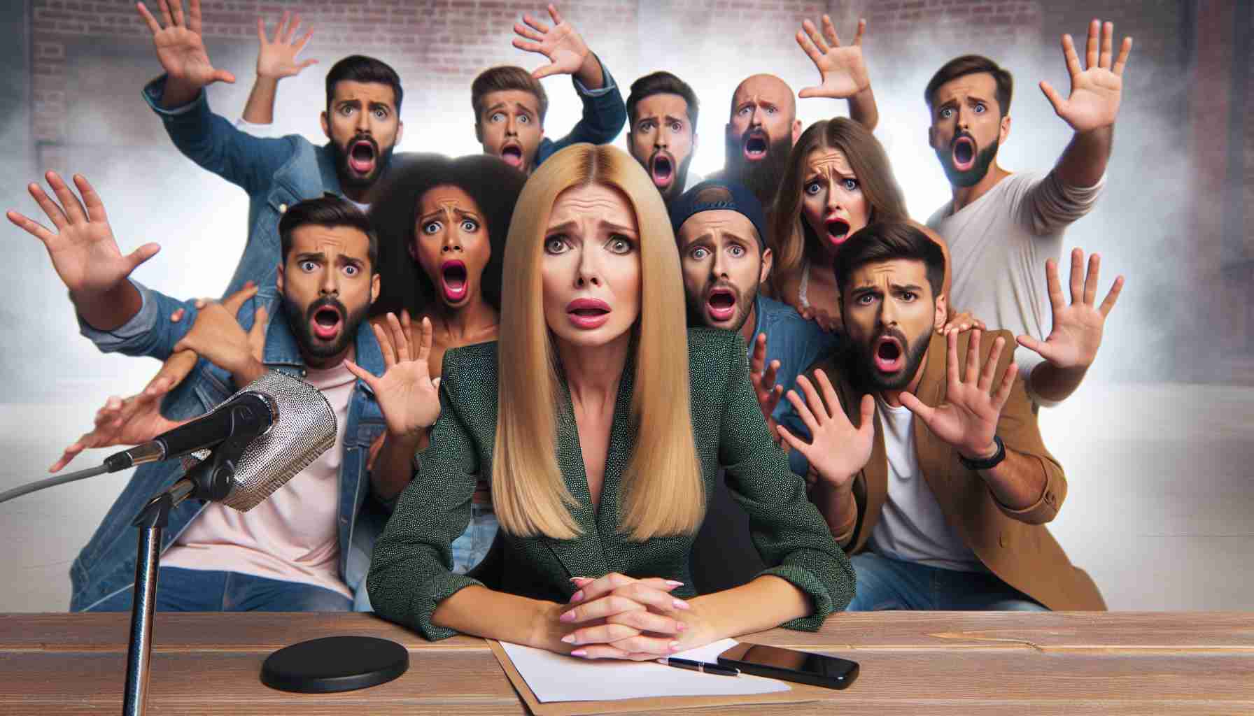 Realistic HD photo of an anxious group of TV show fans expressing their concern about the potential departure of a loved female judge from the panel of a popular dance competition show.