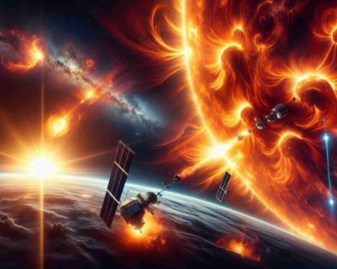 Create a realistic, high-definition image that represents the event of solar storms impacting satellite operations. The image depicts intense, fiery solar flares ejecting from the sun, their powerful magnetic fields interacting destabilizing electronic systems on various orbital satellites. In the background, the vast expanse of the cosmos is majestically illustrated with distant stars and galaxies, accentuating the powerful energy of the sun. The satellites should be designed with intricate detail to appear realistic, their delicate instrumentation affected by the powerful solar storms.