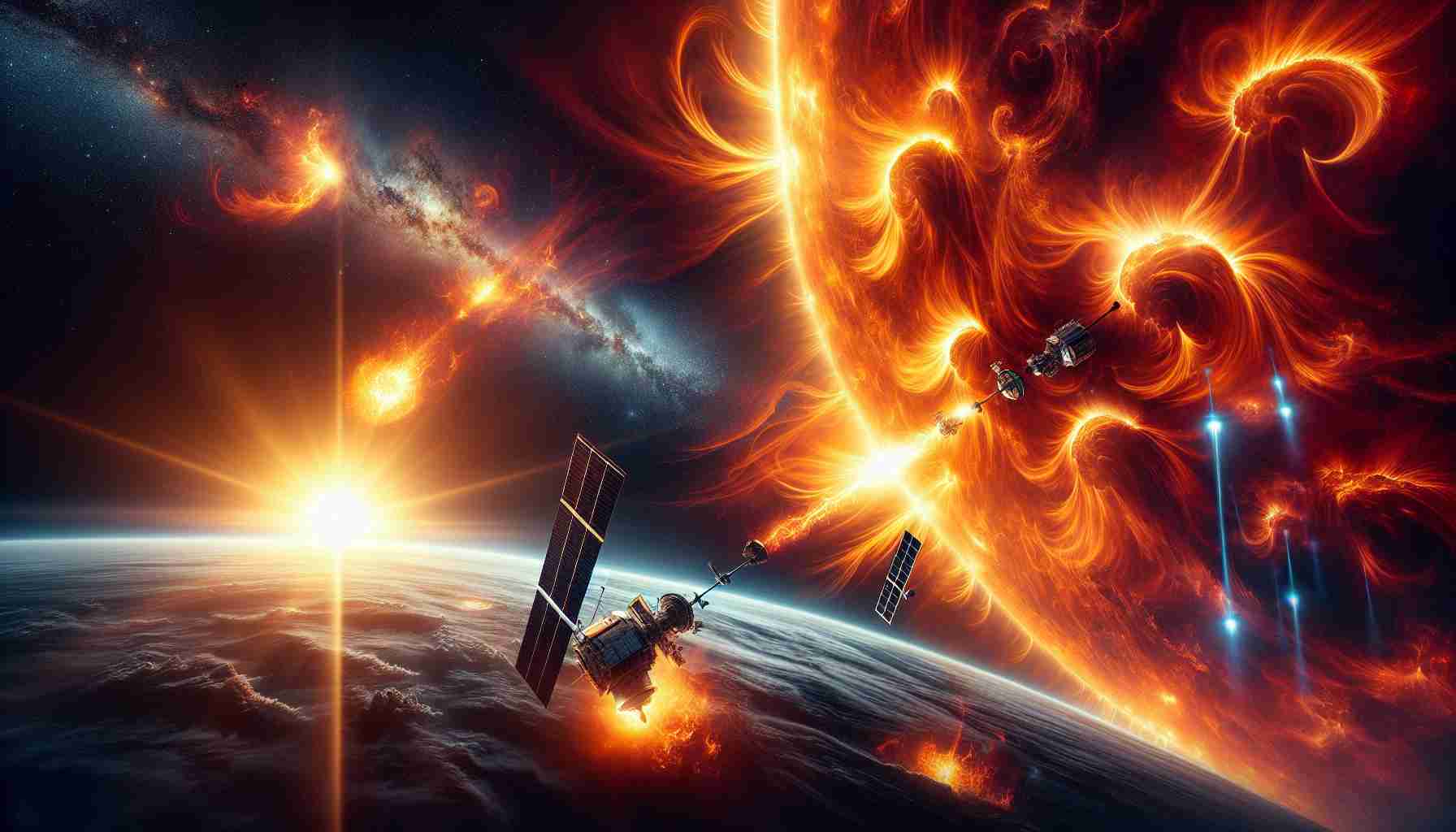 Create a realistic, high-definition image that represents the event of solar storms impacting satellite operations. The image depicts intense, fiery solar flares ejecting from the sun, their powerful magnetic fields interacting destabilizing electronic systems on various orbital satellites. In the background, the vast expanse of the cosmos is majestically illustrated with distant stars and galaxies, accentuating the powerful energy of the sun. The satellites should be designed with intricate detail to appear realistic, their delicate instrumentation affected by the powerful solar storms.