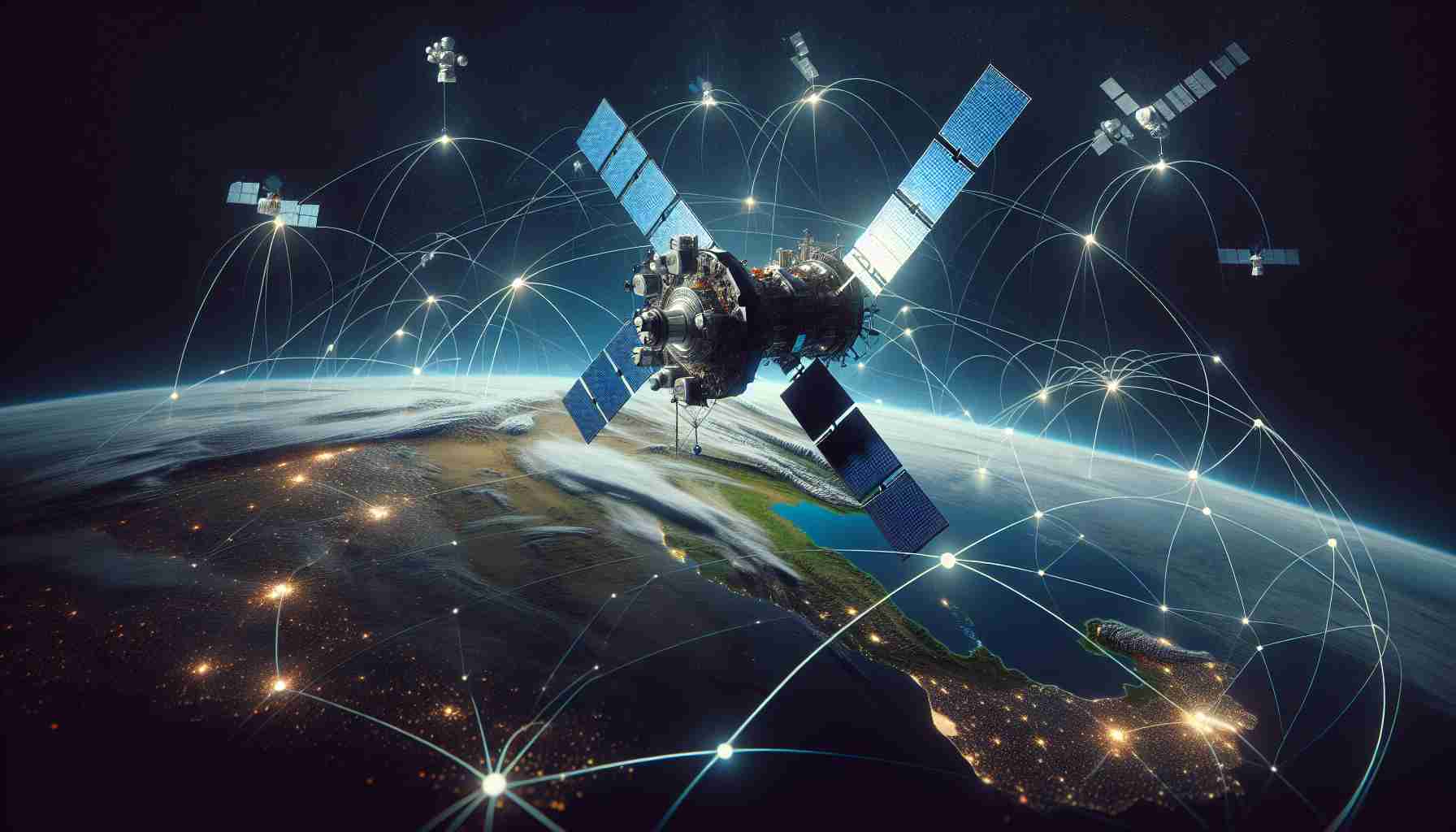 High-definition, realistic depiction of a conceptual scenario representing significant advancements towards the introduction of satellite internet in India. The image includes a constellation of satellites against an inky space backdrop with intertwined nodes signifying connectivity. These satellites are orbiting the Earth that is visible in the distance, a representation indicating India. The viewer's perspective is as if they are hovering in space, witnessing this technological marvel.