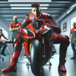 A high-definition, realistic image of a professional motorcycle racing athlete making an unexpected career revival at a well-known racing team. He is wearing a vibrant red and black racing suit and helmet, sitting on a sleek racing motorcycle. He exudes a spirit of determination and resilience. Around him, the racing team's staff are at work, demonstrating a supportive environment.