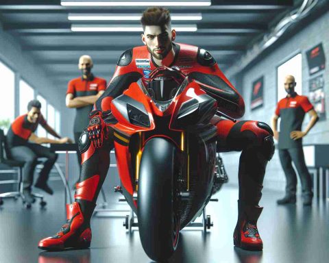 A high-definition, realistic image of a professional motorcycle racing athlete making an unexpected career revival at a well-known racing team. He is wearing a vibrant red and black racing suit and helmet, sitting on a sleek racing motorcycle. He exudes a spirit of determination and resilience. Around him, the racing team's staff are at work, demonstrating a supportive environment.