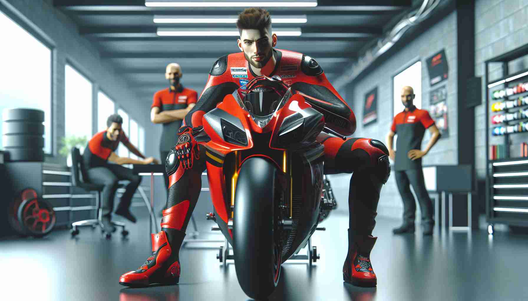 A high-definition, realistic image of a professional motorcycle racing athlete making an unexpected career revival at a well-known racing team. He is wearing a vibrant red and black racing suit and helmet, sitting on a sleek racing motorcycle. He exudes a spirit of determination and resilience. Around him, the racing team's staff are at work, demonstrating a supportive environment.