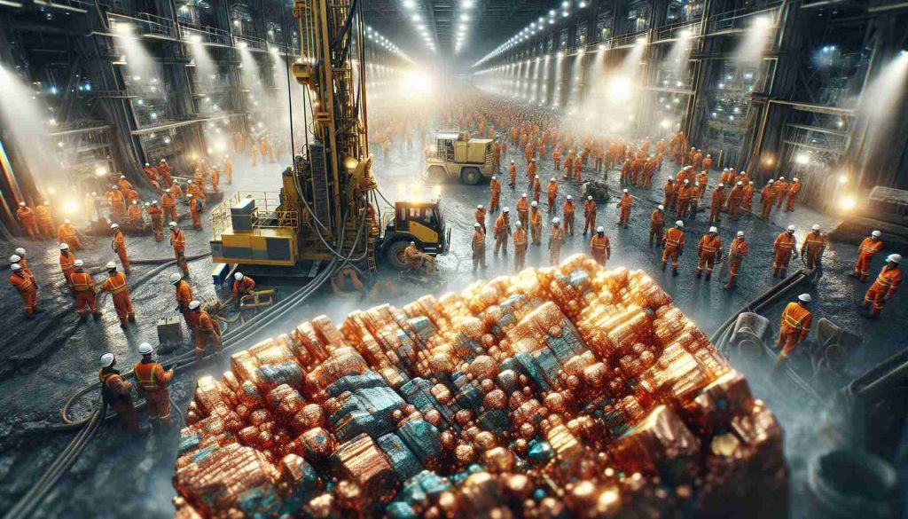 Realistic high-definition photo of an important mineral discovery at a copper drill campaign, showcasing the intricate patterns of the newly uncovered copper ore. The image highlights the busy and active work environment, with teams of diverse workers in safety gear operating the drilling machinery. The displayed copper ore gleams under the artificial lights, underscoring its potential value.