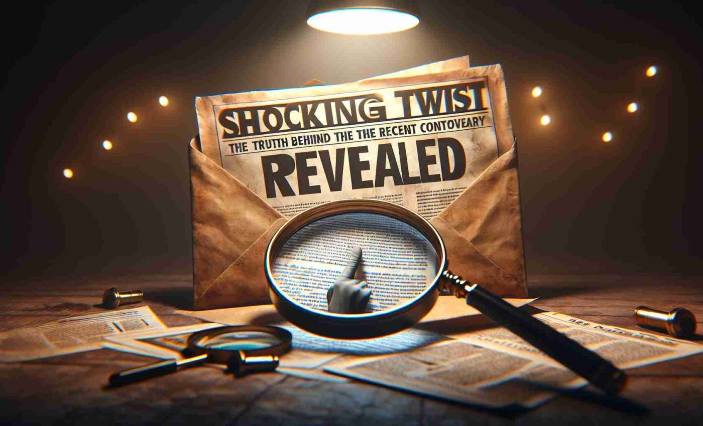 Generate a realistic HD image detailing the concept of 'revelation'. The scene should include an open envelope with a letter coming out, a magnifying glass inspecting the text closely, and a headline in the background reading: 'Shocking Twist Revealed: The Truth Behind the Recent Controversy'. Lighting is dim to create a sense of suspense and intrigue.