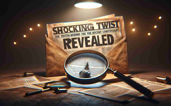 Generate a realistic HD image detailing the concept of 'revelation'. The scene should include an open envelope with a letter coming out, a magnifying glass inspecting the text closely, and a headline in the background reading: 'Shocking Twist Revealed: The Truth Behind the Recent Controversy'. Lighting is dim to create a sense of suspense and intrigue.