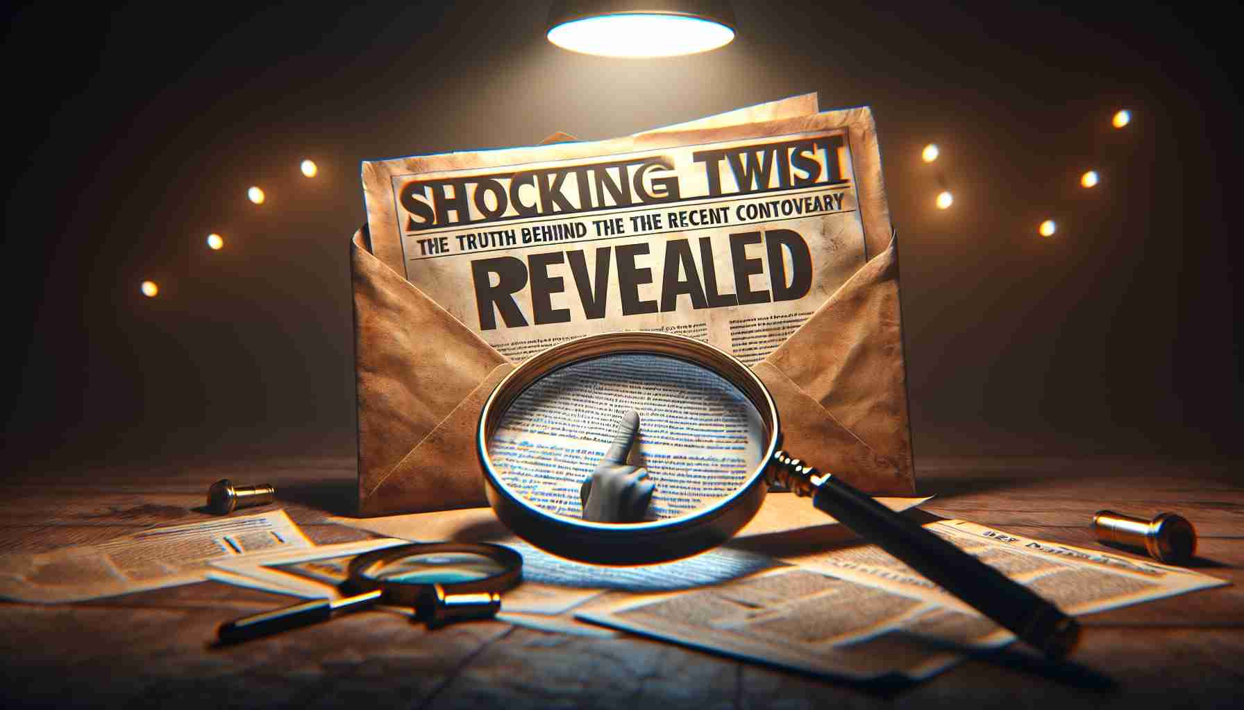 Generate a realistic HD image detailing the concept of 'revelation'. The scene should include an open envelope with a letter coming out, a magnifying glass inspecting the text closely, and a headline in the background reading: 'Shocking Twist Revealed: The Truth Behind the Recent Controversy'. Lighting is dim to create a sense of suspense and intrigue.