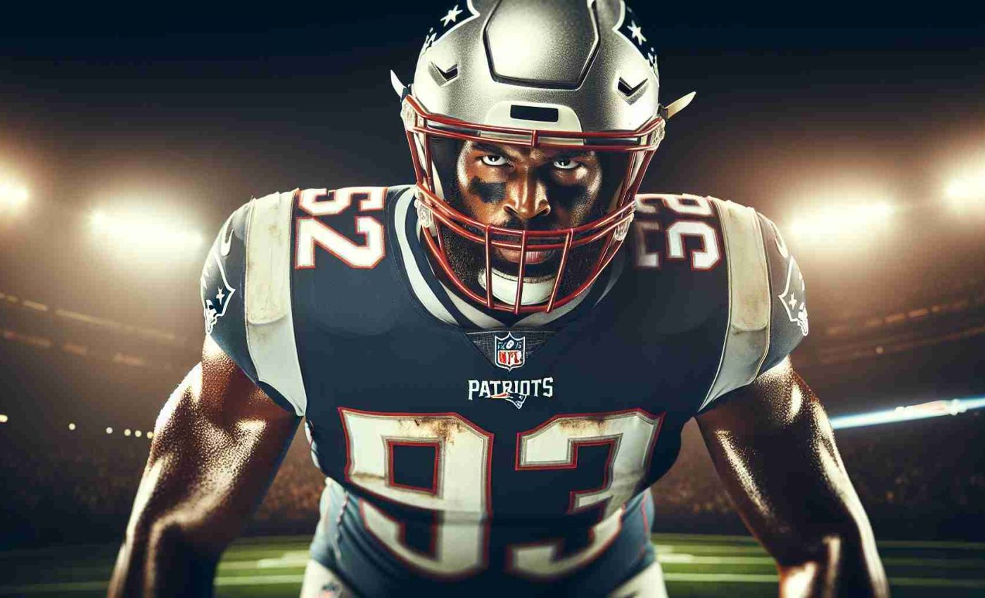 High-definition image of an American football scene where an experienced, seasoned pass-rusher, who now belongs to the Patriots, is ready to reinforce the defensive line. He's wearing a helmet and sporting a determined look, while around him the atmosphere buzzes with anticipation and excitement for the upcoming game.