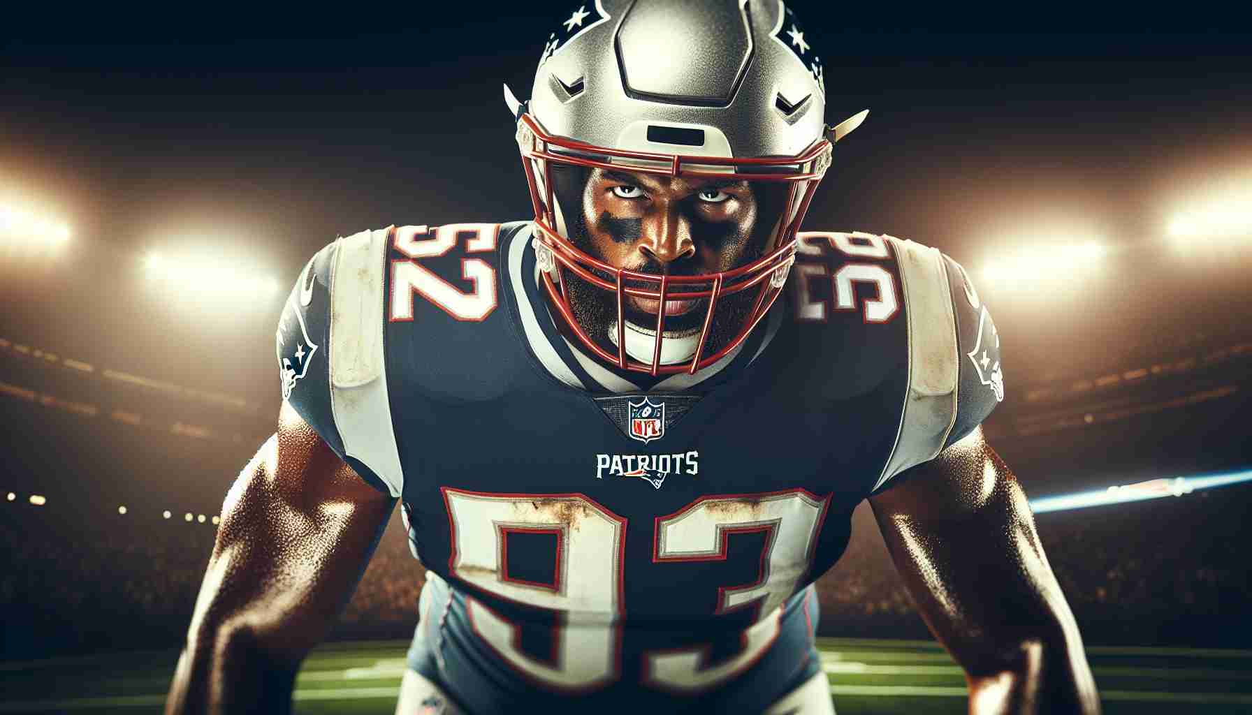 High-definition image of an American football scene where an experienced, seasoned pass-rusher, who now belongs to the Patriots, is ready to reinforce the defensive line. He's wearing a helmet and sporting a determined look, while around him the atmosphere buzzes with anticipation and excitement for the upcoming game.