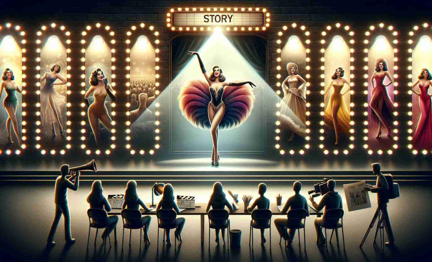 High definition, realistic image of a journey story line that depicts the casting of an iconic showgirl. Display the excitement, the challenges, and the triumph in the process. Depict various stages starting from audition, through rehearsals and finally to the grand stage with the lights shining bright.