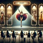 High definition, realistic image of a journey story line that depicts the casting of an iconic showgirl. Display the excitement, the challenges, and the triumph in the process. Depict various stages starting from audition, through rehearsals and finally to the grand stage with the lights shining bright.