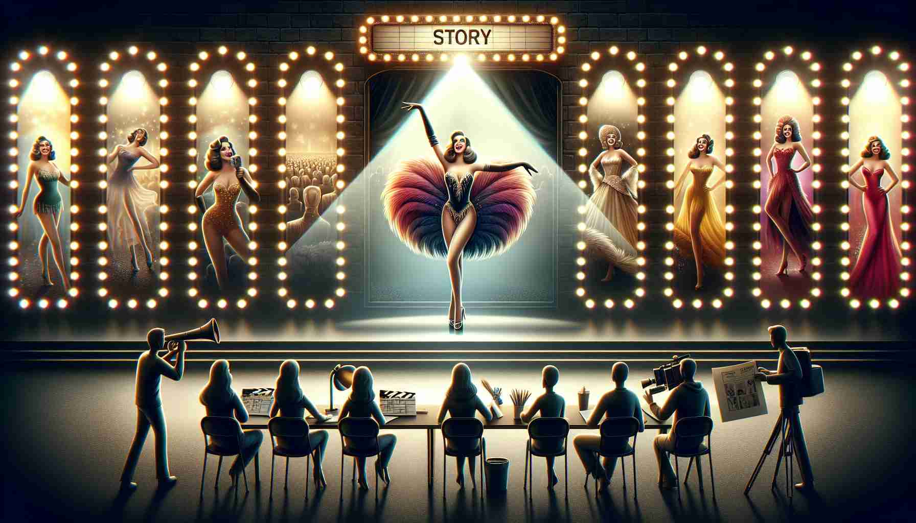 High definition, realistic image of a journey story line that depicts the casting of an iconic showgirl. Display the excitement, the challenges, and the triumph in the process. Depict various stages starting from audition, through rehearsals and finally to the grand stage with the lights shining bright.