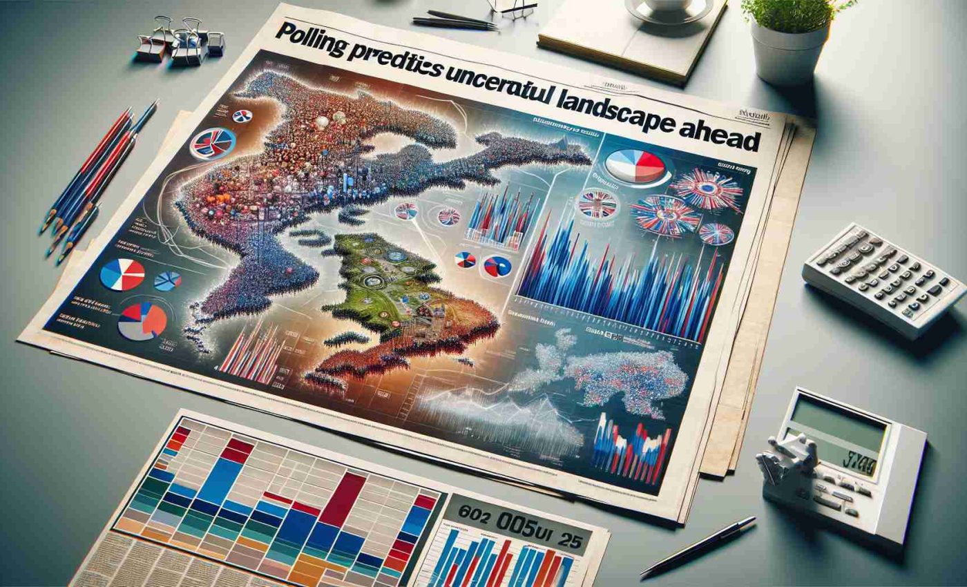 Generate a detailed and realistic high-definition image of a news article on the uncertain future landscape, based on polling predictions ahead of a future election in an unspecified year. The image should display various charts, maps and data visualisations representing voting trends and predictions, but should not refer to any specific politicians or public figures. Please also include the title of the article: 'Polling Predictions: The Uncertain Landscape Ahead'.