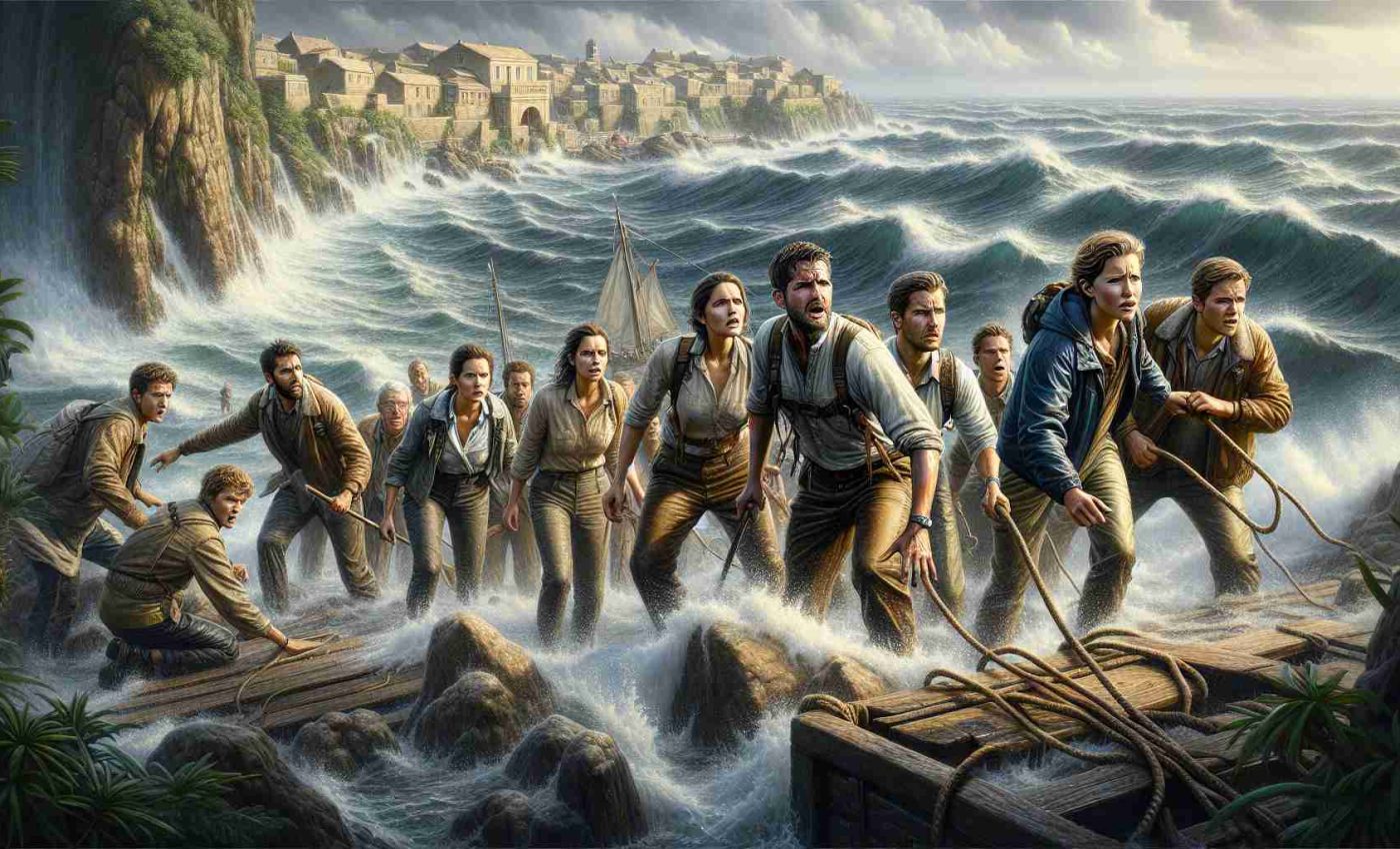 An intricately detailed scene in high-definition depicting young adventurous individuals tackling daunting new challenges in a coastal location. A ragtag group of friends are seen showing their determination and resilience. They are standing together at the fringe of a vast body of water which seems to stretch out to the horizon. The sea looks unpredictable with its waves crashing on the shore. The atmosphere is filled with tension and anticipation and the friends, while looking fairly concerned, are also excited about the adventure that lies ahead. The background is a picturesque coastal town, perhaps a remote island, with a distinct tranquil charm and a feeling of mystery enveloping it.