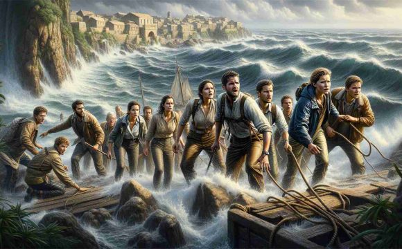 An intricately detailed scene in high-definition depicting young adventurous individuals tackling daunting new challenges in a coastal location. A ragtag group of friends are seen showing their determination and resilience. They are standing together at the fringe of a vast body of water which seems to stretch out to the horizon. The sea looks unpredictable with its waves crashing on the shore. The atmosphere is filled with tension and anticipation and the friends, while looking fairly concerned, are also excited about the adventure that lies ahead. The background is a picturesque coastal town, perhaps a remote island, with a distinct tranquil charm and a feeling of mystery enveloping it. 