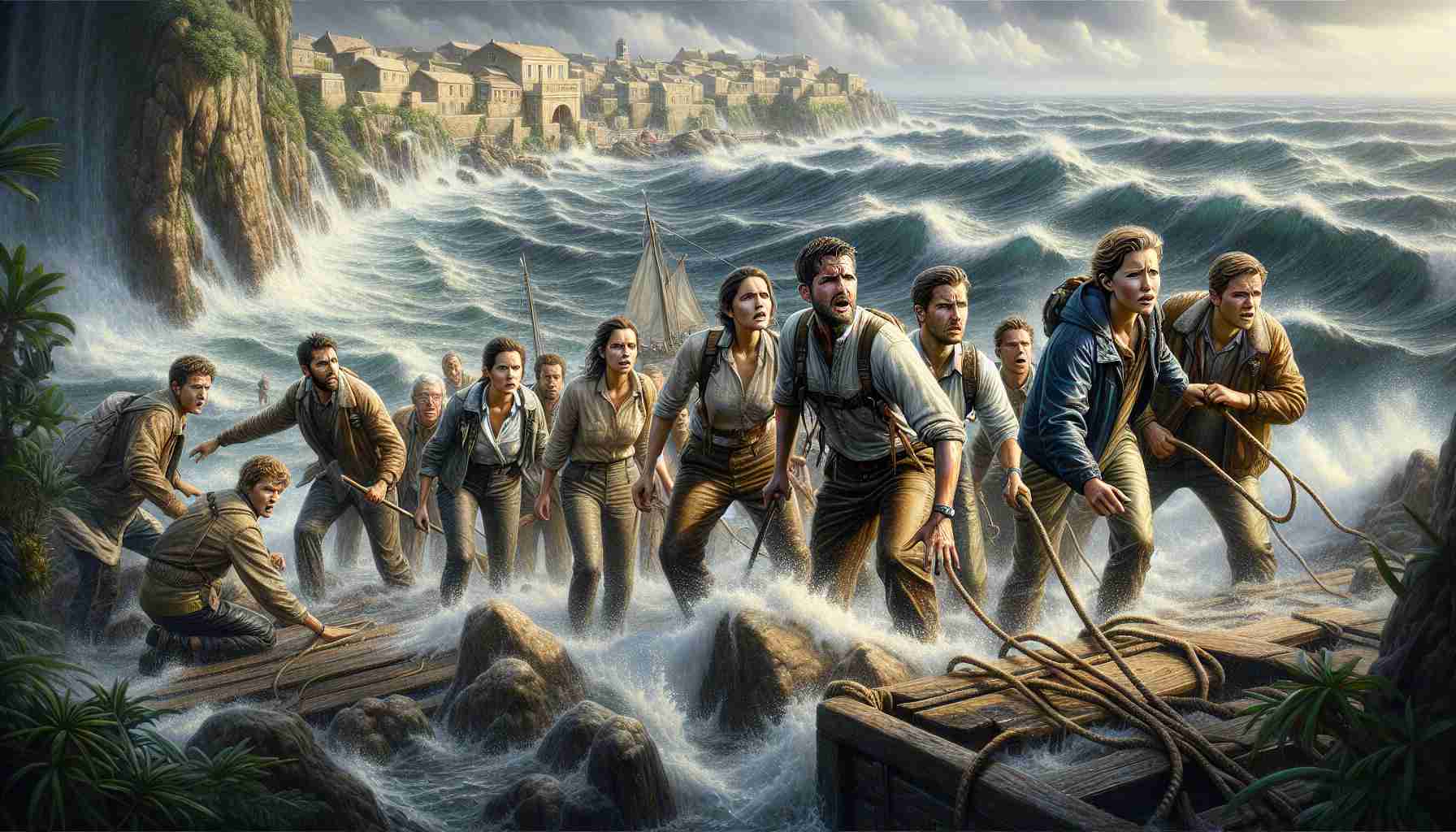 An intricately detailed scene in high-definition depicting young adventurous individuals tackling daunting new challenges in a coastal location. A ragtag group of friends are seen showing their determination and resilience. They are standing together at the fringe of a vast body of water which seems to stretch out to the horizon. The sea looks unpredictable with its waves crashing on the shore. The atmosphere is filled with tension and anticipation and the friends, while looking fairly concerned, are also excited about the adventure that lies ahead. The background is a picturesque coastal town, perhaps a remote island, with a distinct tranquil charm and a feeling of mystery enveloping it.