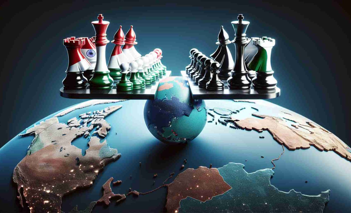 Captivating image showing a metaphorical representation of a precarious balance, that evokes the tension between two countries symbolized by one country's bold chess move on a 3-dimensional world map. The countries to be represented are situated in the Middle East region.