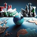 Captivating image showing a metaphorical representation of a precarious balance, that evokes the tension between two countries symbolized by one country's bold chess move on a 3-dimensional world map. The countries to be represented are situated in the Middle East region.