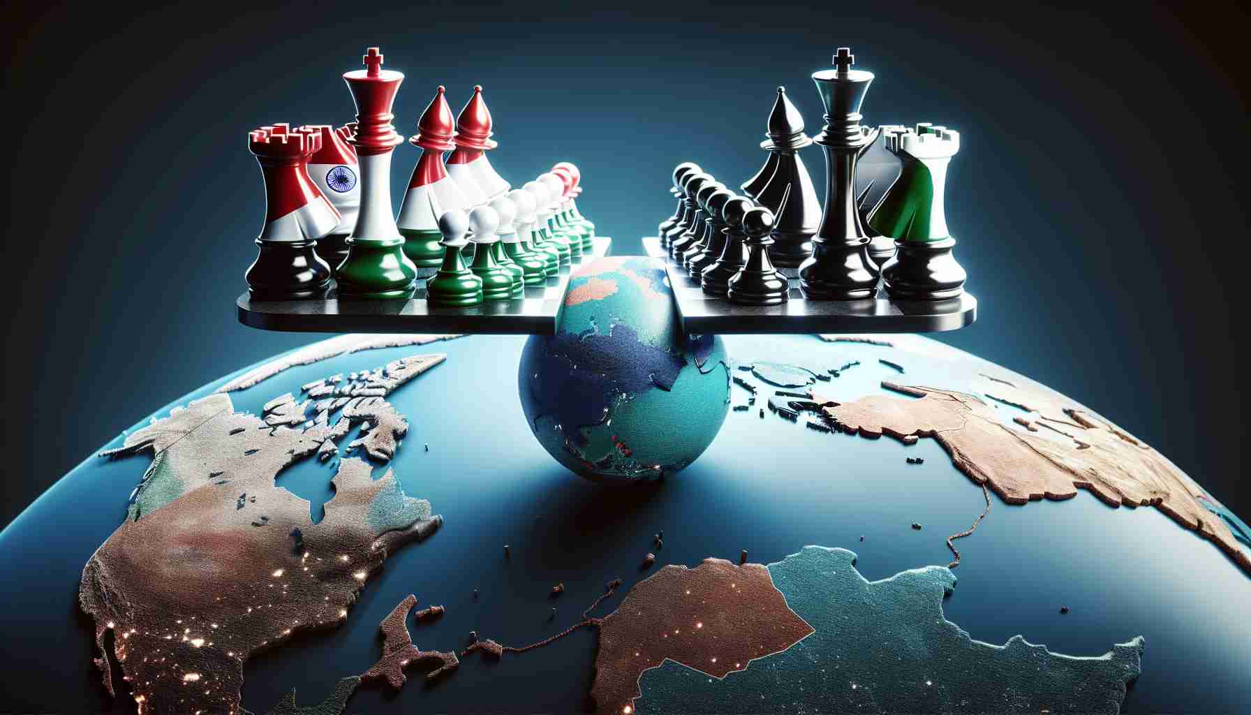 Captivating image showing a metaphorical representation of a precarious balance, that evokes the tension between two countries symbolized by one country's bold chess move on a 3-dimensional world map. The countries to be represented are situated in the Middle East region.